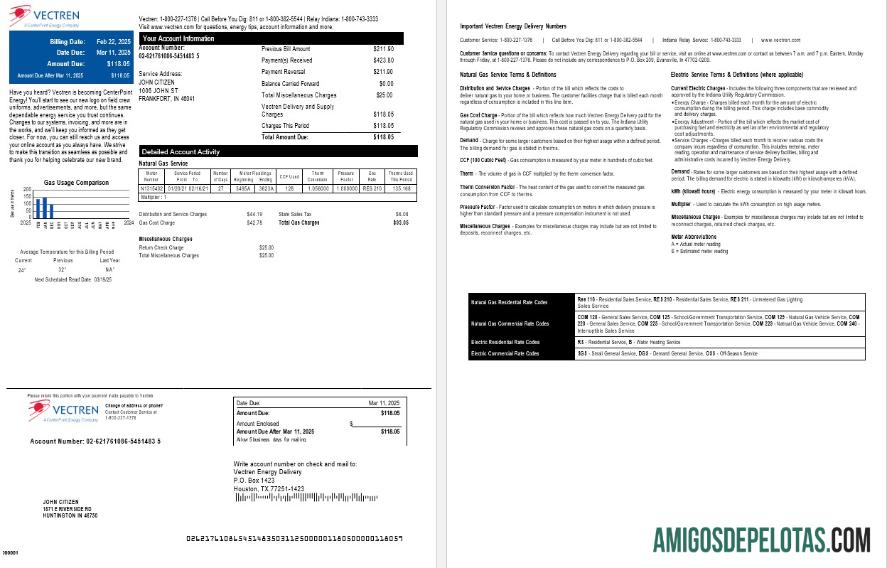 Conta de serviços públicos de gás OHIO VECTEN dos EUA, versão exemplo real